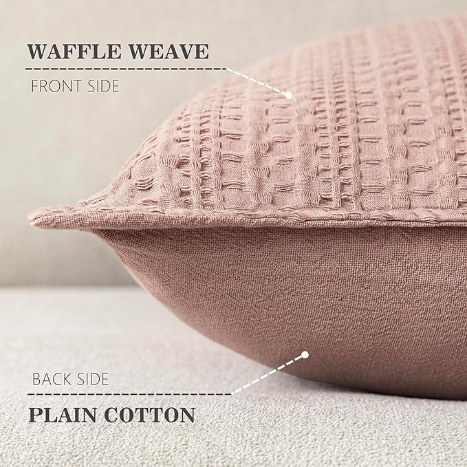 Foindtower Set of 2 Decorative Cotton Waffle Weave Throw Pillow Covers Euro Shams Cushion Covers Accent European Pillowcase for Bed Couch Sofa Bedroom Living Room Home Decor 24×24 Inch Dusty Pink