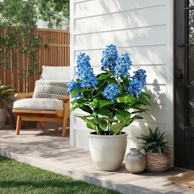 2 Pack Large UV Resistant Artificial Hydrangea Plants Fake Plastic plantas Flowers Trees Indoor Outdoor Realistic Floor Plants Faux Tree for Home Porch Garden Office Porch Patio Front Bonsai Decor