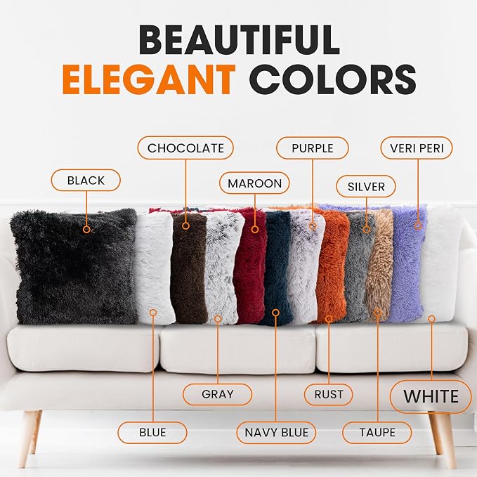 Cheer Collection Throw Pillows for Couch and Bed, Soft Shaggy Throw Pillows with Inserts Included, Cozy Long Hair Faux Fur Pillows - Set of 2-24" x 24" White