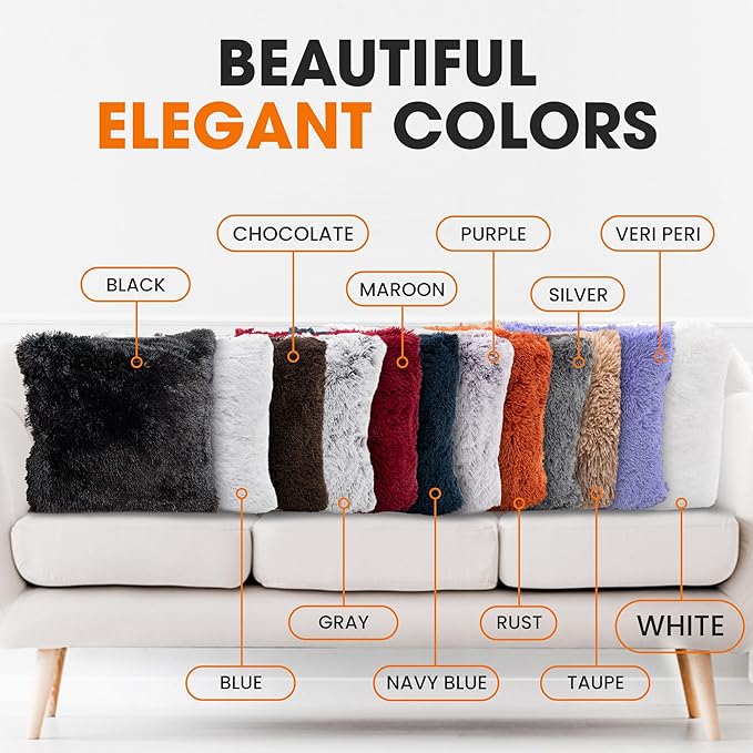 Cheer Collection Throw Pillows for Couch and Bed, Soft Shaggy Throw Pillows with Inserts Included, Cozy Long Hair Faux Fur Pillows - Set of 2-18" x 18" - White