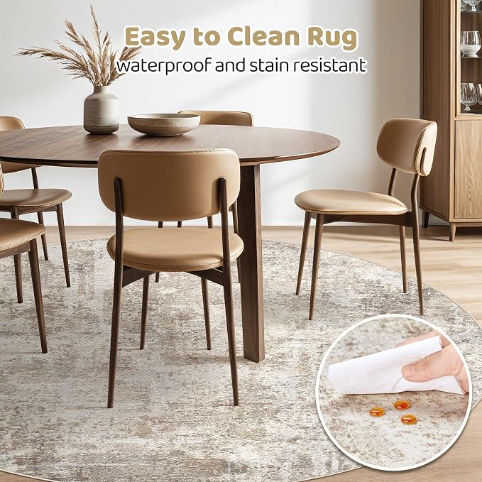 5ft Round Rug Living Room Rugs: 5x5 Washable Circle Abstract Modern Soft Stain Resistant Non-Slip Indoor Floor Carpet for Bedroom Nursery Office Dining Room Playroom Home House- Beige Brown