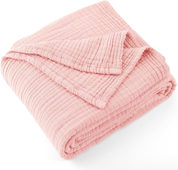 Carriediosa 100% Cotton Muslin Throw Blanket 66" X 90" Twin XL Size，4-Layers Summer Gauze Throws for Bed Couch，Soft Lightweight Breathable Linen Blankets Bedspread for Adults All Season，Dusty Pink