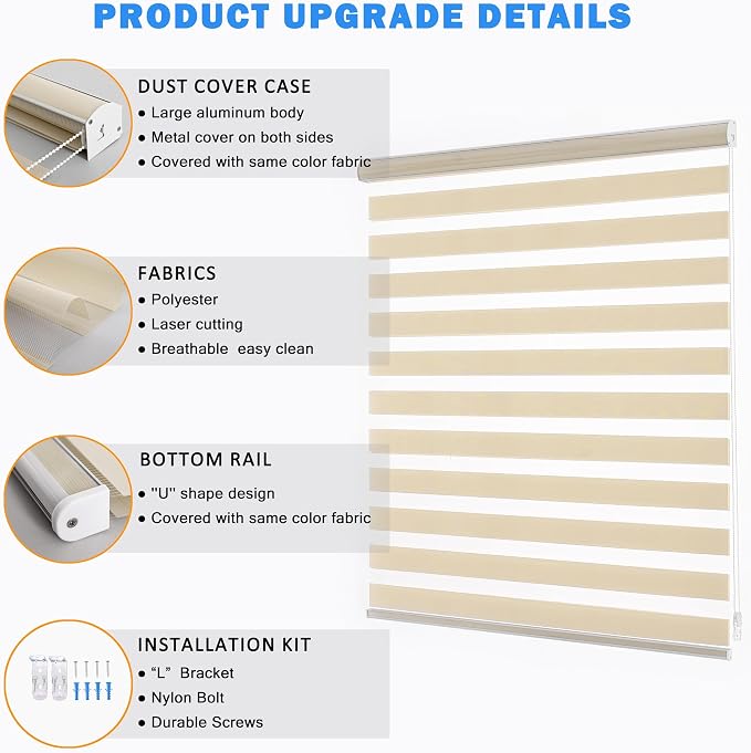 Zebra Blinds for Windows, Free-Stop Zebra Shades, Dual Layer Light Filtering Sheer Blinds for Indoor Windows, Roller Window Shades for Privacy (36" W X 72" H, Cream)