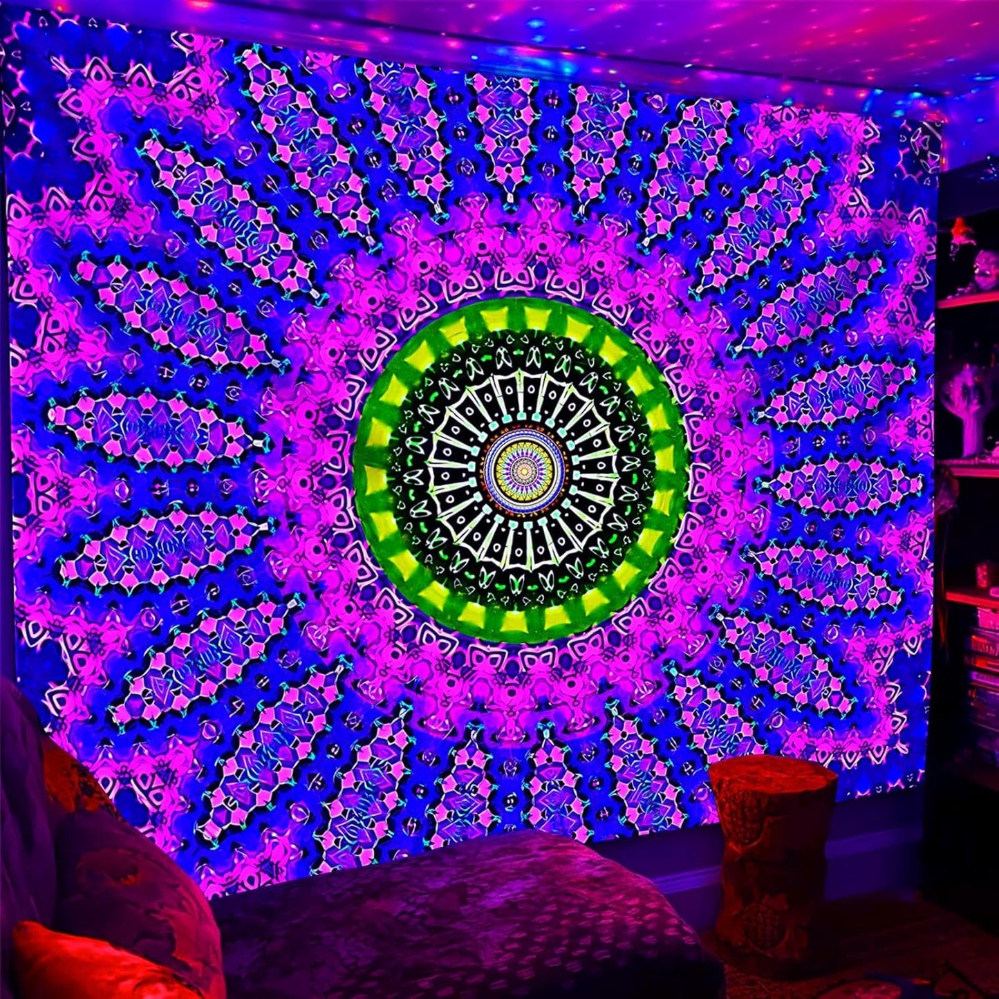 Blacklight Mandala Tapestry for Bedroom, Black Light Posters for Adults and Teens, Red UV Reactive Aesthetic Bohemian Wall Art Decor (40 x 30 Inches)