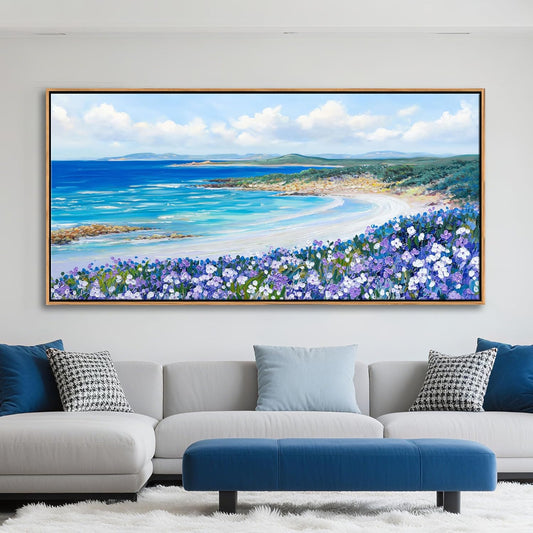 Mofutinpo Coastal Beach Wall Art,Large Purple Flower Landscape Canvas Wall Art for Living Room & Bedroom Decor, Framed Blue Beach Pictures & Paintings for Walls,Ocean Artwork for Home & Office 24x48IN