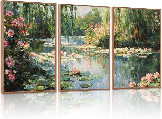 LHIUEM Monet Water Lilies Floral Framed Canvas Wall Art Set,Vintage Impressionist Botanical Wall Decor,Oil Paintings Style Flowers Artwork for Living Room,Bedroom,Dining Room,Office -24"x36"x3