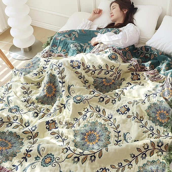 Snycler Boho Throw Blanket for Bed - 100% Cotton Ultra Soft Rustic Quilt - Blue Green Floral Printed Farmhouse Decor Bed Blankets, 80"×90" All Season Rustic Throw for Sofa Couch Chair