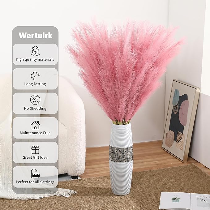 Wertuirk Dark Pink Pampas Grass, 8 Pcs 45 Inch Tall Large Faux Pompous Grass, Long Artificial Flowers for Floor Vases, Wedding Centerpieces, Baby Shower and Home Decoration (Dark Pink)