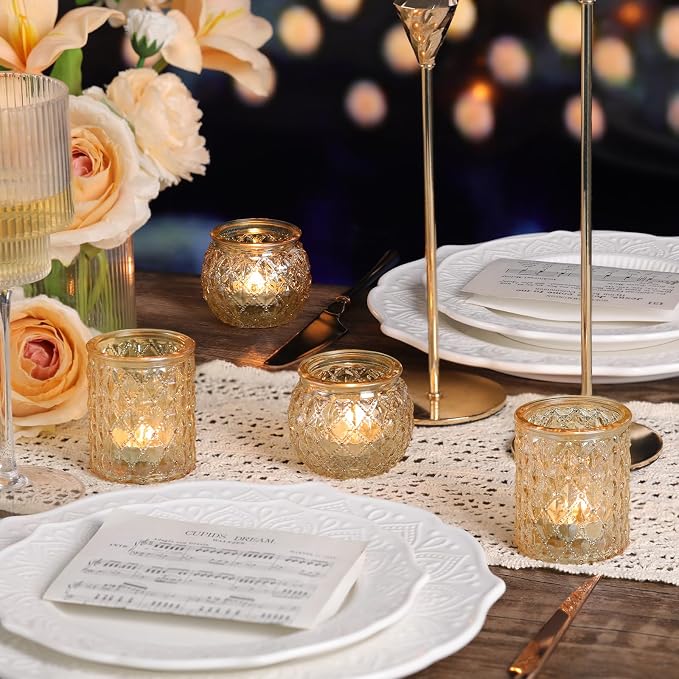 DARJEN 12Pcs Gold Votive Candle Holders - Glass Candle Holder for Table Centerpiece, Tea Light Candle Holders Glass for Wedding Shower, Home & Tea Party Decor