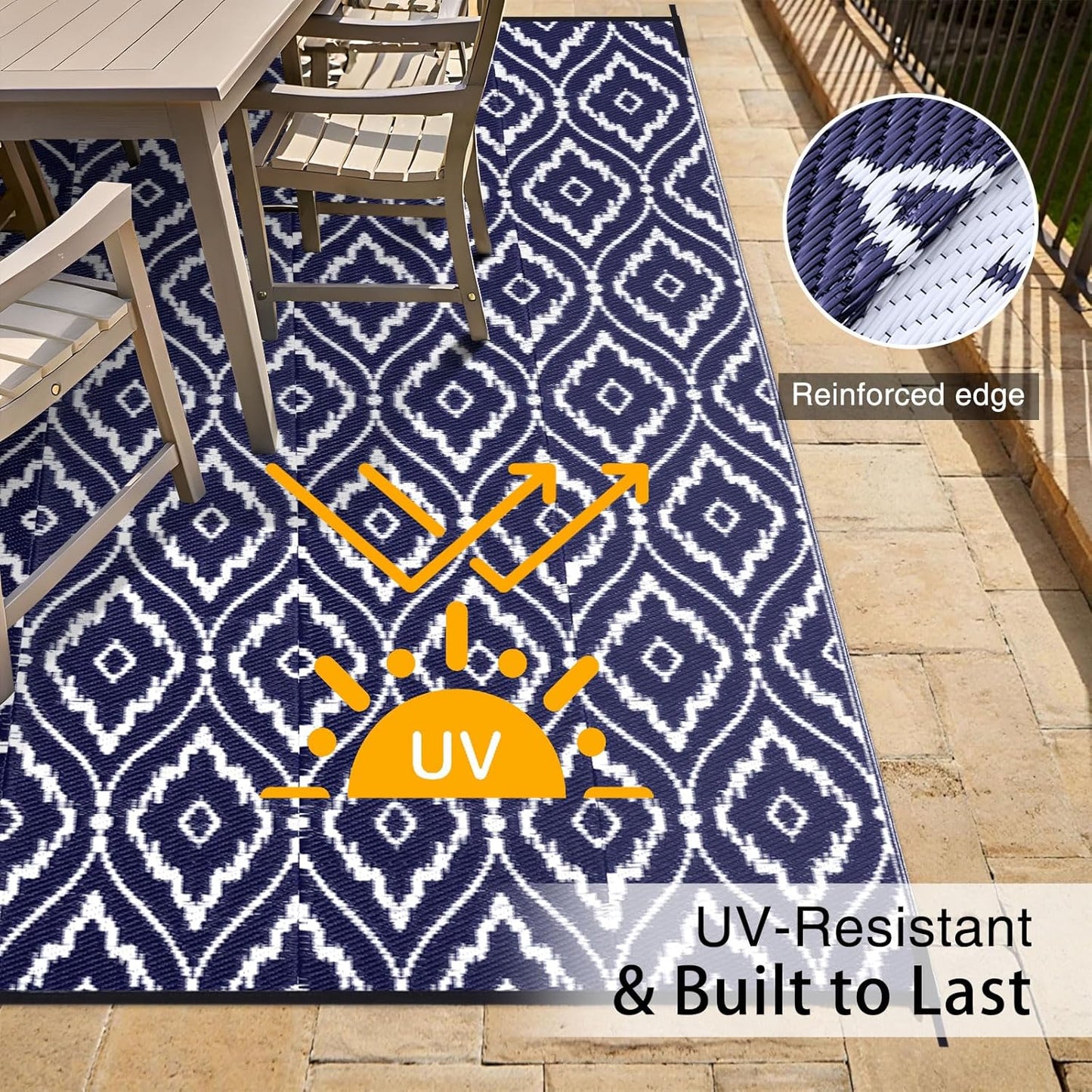 OLANLY Outdoor Rug 9x12 ft Waterproof, Outdoor Plastic Straw Rug with Geometric Pattern Clearance, Reversible RV Mat for Patio, Camping, Balcony, Deck, Backyard, Navy & White