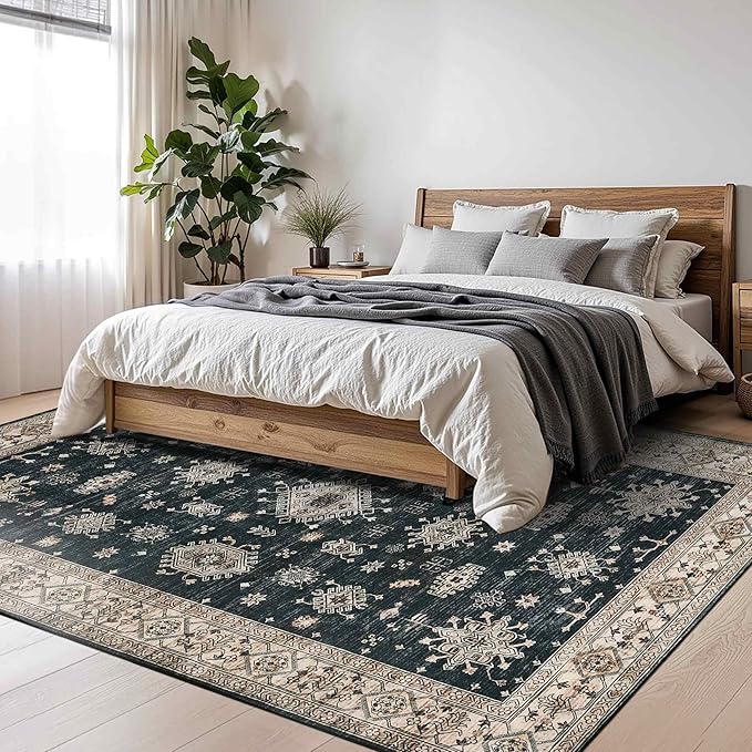 Rugxara 6x9 Area Rugs for Living Room Bedroom, Large Washable Rug, Black Vintage Floral Boho Rug, Non Slip & Low Pile Faux Wool Thin Carpet for Indoor Dining Room, Dorm and Kids Room(Black 6x9ft)