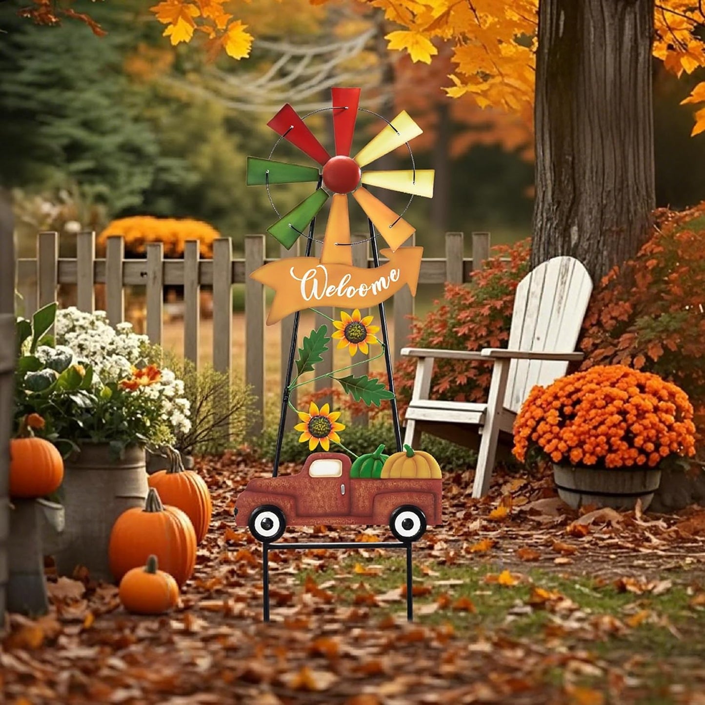 TERESA'S COLLECTIONS Fall Decor for Outdoor Home, Metal Pumpkin Fall Decorations Wind Spinner Yard Stakes Welcome Sign for Thanksgiving Decorations, Rustic Autumn Sunflower Decor for Lawn Patio, 26"
