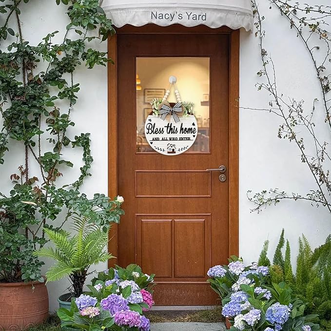 3D Bless This Home And All Who Enter Wooden front Door Signs，Door Decorations Hanging,Christian Jesus Home Porch Wall Decor，Spring Wreaths，Door Wreaths for Front Door Outside All Season