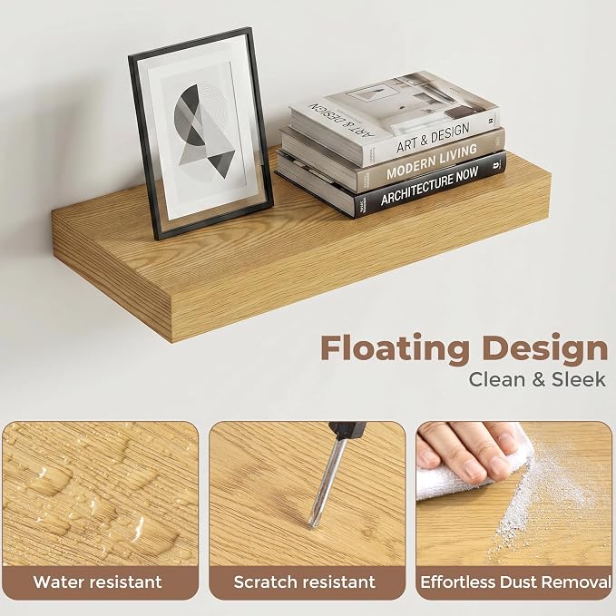16 Inch Floating Shelves for Wall, 8"D Wood Storage Shelves, Oak Finish | Engineered Wood, Invisible Bracket, Large Storage, Easy Install, Hold Up to 33lbs, Living Room, Bathroom, Bedroom, Kitchen
