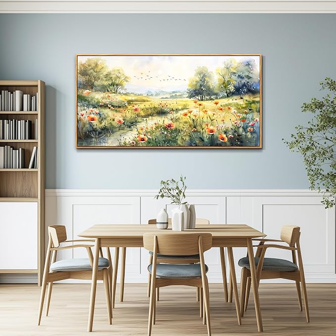XIGUANGART Large Framed Wall Decor Canvas Wall Art for Living Room Wildflower Pastoral Scenery Paintings Meadow Abstract Pictures Rustic Floral Art Print for Bedroom, Office Modern Artwork Decorations