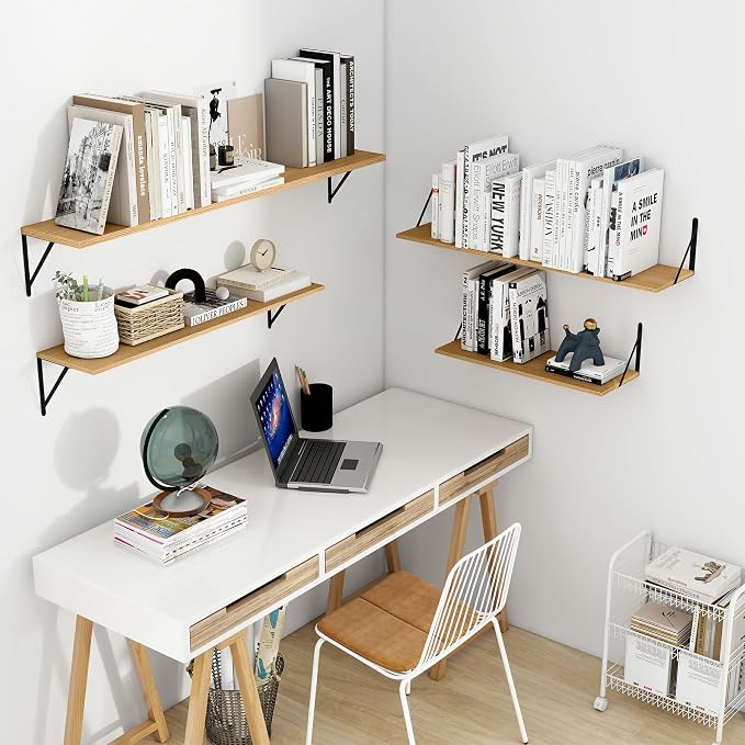 Vivelove 8 Inch Deep Floating Shelves for Wall, 16W x 8D Wood Wall Shelves Set of 2, Rustic Oak Wide Floating Bookshelf for Living Room, Kitchen, Office, Bedroom, with Black Metal Bracke - Oak
