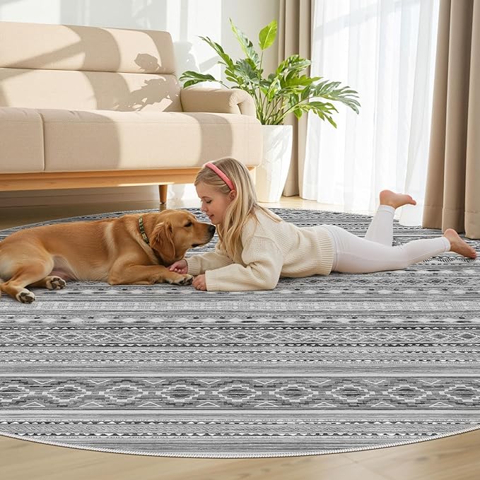 cotiled 8x8 Round Area Rug Living Room: Washable Boho Rugs with Non Slip Backing Large Soft Indoor Stain Resistant Carpet for Bedroom Farmhouse Dining Room Lightweight Home Decor Beige Grey