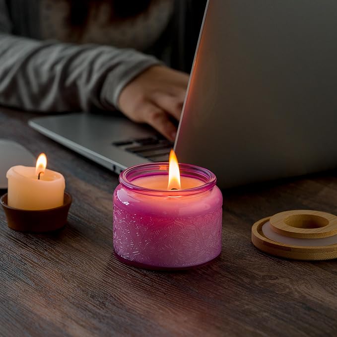 4 oz Purple Mandala Glass Candle Jars with Bamboo Lids, 18 Pack | Patented Embossed Design, Includes Wick Centering Devices & Warning Labels, Multiple Color Options