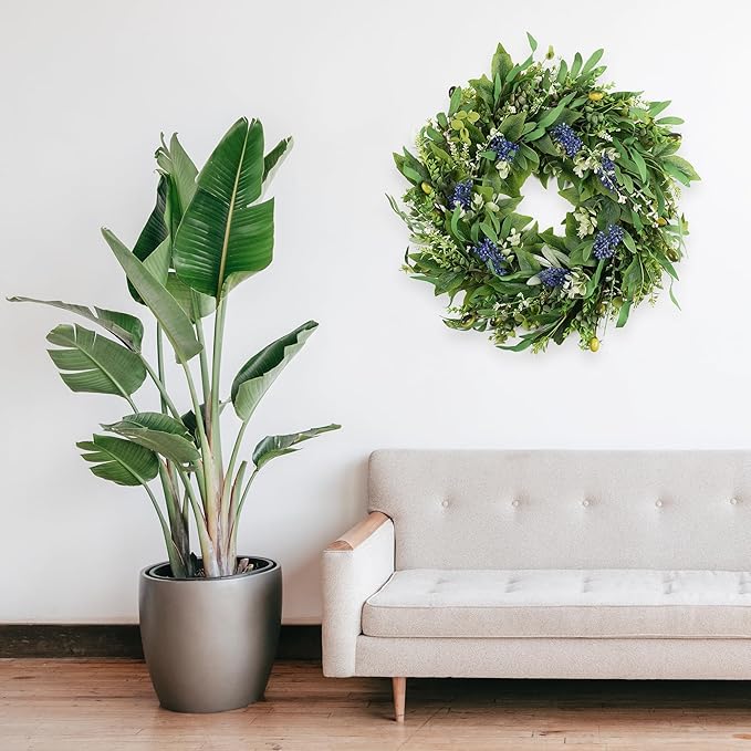 HomeKaren Wreaths for Front Door 22", Door Spring Wreath with Eucalyptus Olive Boxwood Leaves, Greenery Wreath Door Decoration for Spring Summer All Season Home and Outdoor