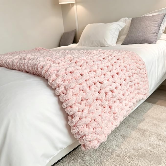 Soft Chunky Knit Throw Blanket for Couch, Cozy Warm Knitted Blankets | Hand Knit with Jumbo Chenille, Lightweight Warm Fluffy Decor for Women, Mom, Her & Girls, Sofa, Chair, Bed, 40"×40" (Pink)