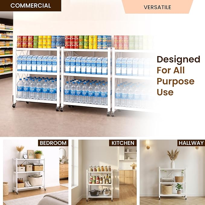 Our Modern Space 3-Tier Foldable Storage Shelf with Wheels | Metal Rack Collapsible Shelving Display | Rolling Cart for Books Kitchen Storage Shelves | Pantry & Closet Organizer | Office Room Decor