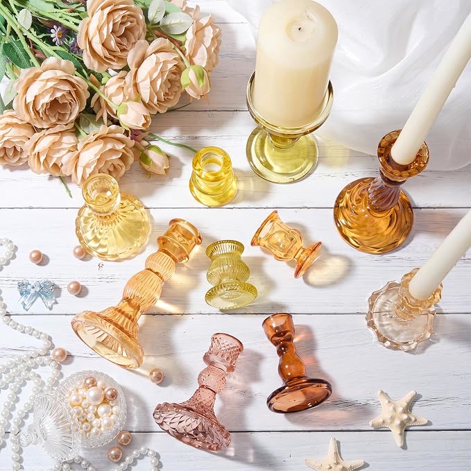 Mumufy 10 Pcs Glass Crystal Taper Candle Holders Clear Glass Candlestick Holder Fit 0.8 Inch Candles Crystal Decorative Candle Stand Centerpiece Table Wedding Dining Party (Classic,Orange Yellow)
