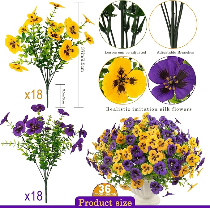 Rowfad 36 Pcs Artificial Fake Pansy Flowers for Outdoor, Faux UV Resistant Silk Pansies Flowers for Outside Planter Front Door Porch Yard Patio Window Box Home Decor (36, Yellow,Purple)