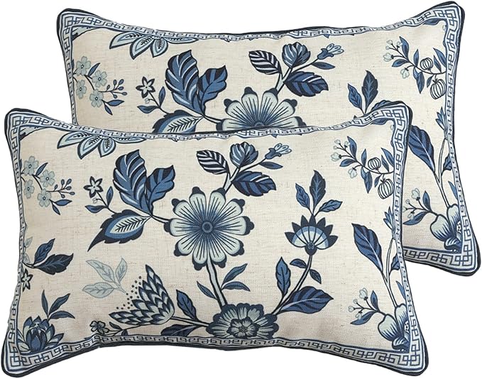 bilin gaier Designer Linen Throw Pillow Covers,20"x12" Set of 2-Suqing A | Vintage Elegant Rectangular Pillow Cover,Concealed Zipper,Blue Floral Pattern,Sofas,Bedroom,Living Room,Lounge Chairs