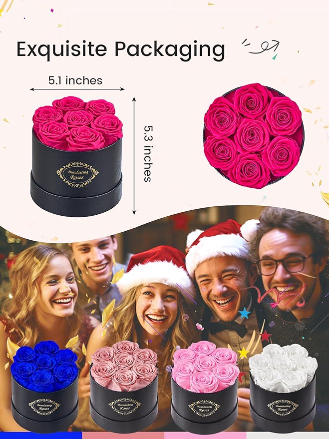 Beaulasting Long Lasting Preserved Roses in a Box Last a Year Forever Flowers for Her Mom Wife Anniversary Birthday (Round Black Box, Hot Pink)