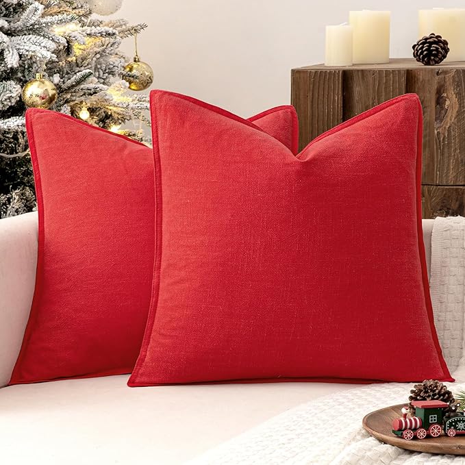 MIULEE Decorative Linen Pillow Covers 20x20 Inch Red Boho Farmhouse Neutral Couch Throw Pillows for Bed Pack of 2 Accent Modern Pillowcase Sofa Livingroom Home Decor