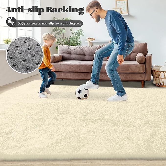 5x7 Area Rug for Living Room: Fluffy Shag Soft Washable Rugs Fuzzy Plush Indoor Carpet for Bedroom Nursery Playroom Dorm Kids Girls Boys Room (Cream White, 5'x7')