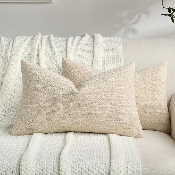 FUTEI Beige Chenille Throw Pillow Covers 12x20 Inch Set of 2,Soft Striped & Diamond Textured Lumbar Pillow Cases,Modern Home Decor for Couch Living Room