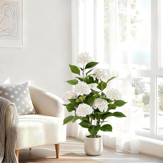 2pcs Artificial Hydrangea Artificial Trees 3ft Faux Hydrangeas Flower Tree with Pot for Front Porch Planters Decoration Outdoor Fake Silk Floral Plant for Home Patio Entrance Decor Indoor, White