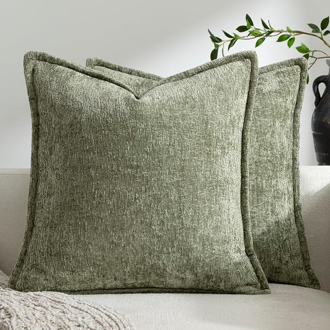 DEZENE Pack of 2 Sage Green Christmas Decorative Throw Pillow Covers 20x20 Cozy Soft Chenille Accent Vintage Square Couch Pillow Covers for Home Decor Bed Sofa Living Room