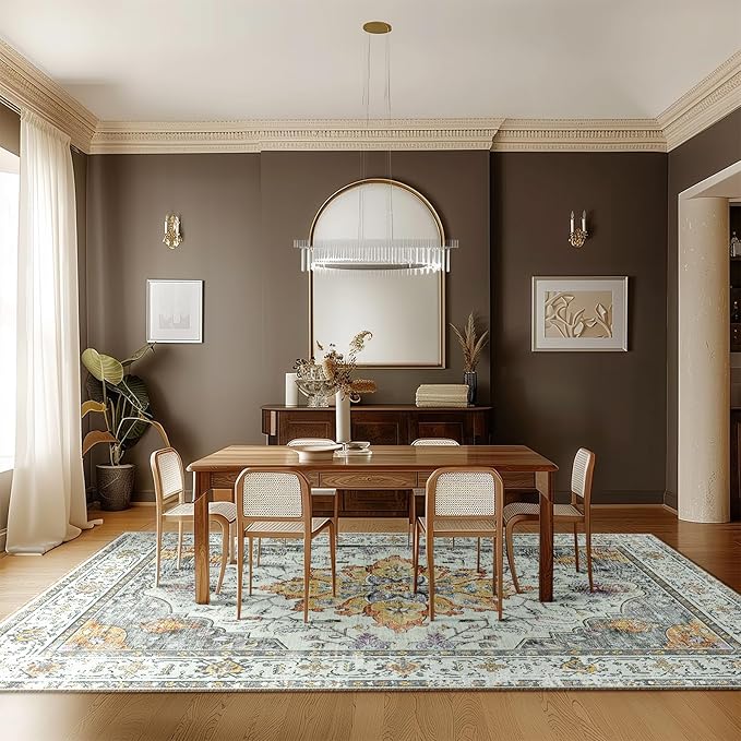 RELEANY Area Rugs 9'x12' Washable Non-Slip, Floral Vintage Distress Print Pattern Medallion Carpet for Living Room Bedroom Dining Room, Light Yellow Carbon Grey Orange