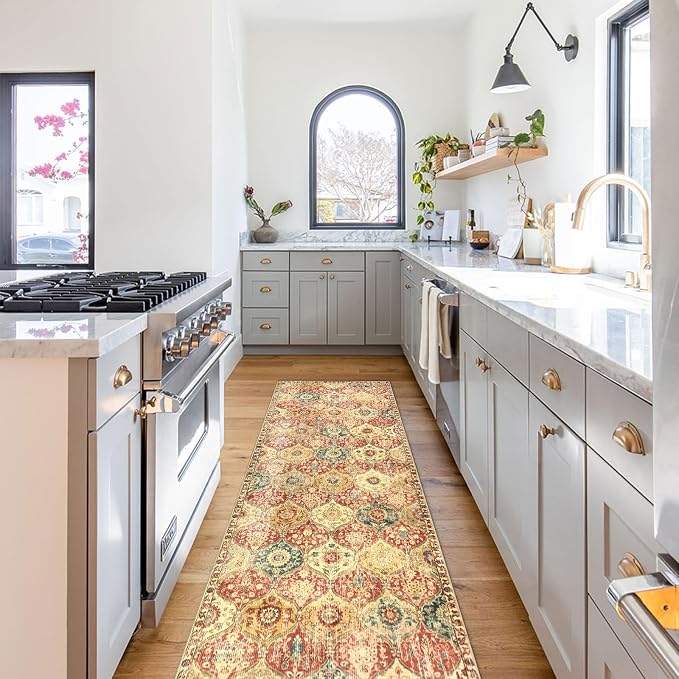Lahome Moroccan Hallway Rug, 2'5''x8' Kitchen Runner Rugs Non Skid Washable Runners for Hallways, Ultra-Thin Oriental Carpet for Entryway Laundry Room Bedroom Bathroom Elise, Red/Orange