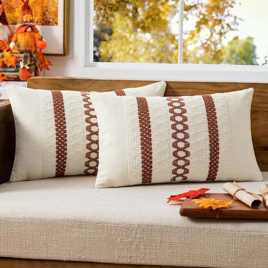 MIULEE Set of 2 Rust Fall Decorative Lumbar Pillow Covers 12x20 Inch Farmhouse Rustic Boho Couch Throw Pillows Modern Cotton Cushion Covers Retro Cute Macrame Woven Home Decor for Bed Sofa Chair