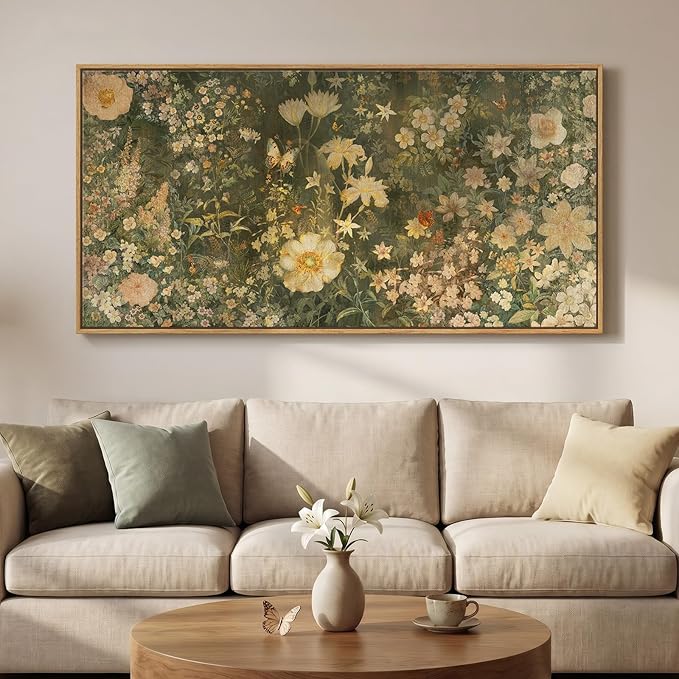 Large Framed Vintage Floral Wall Art for Living Room, Rustic Retro Botanical Canvas Painting Prints, Antique French Garden Flower Pictures for Farmhouse Bedroom Dining Room Wall Decor, 30x60 Inch