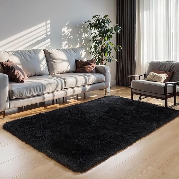KICHOWUA 6x9 Black Fluffy Shag Rug for Bedroom Living Room, Ultra Soft Plush Fuzzy Washable Floor Non Slip Cozy Large Area Rug for College Dorm, Modern Comfy Shaggy Carpet for Kids Baby Nursery