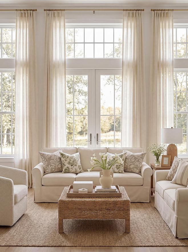 Liz Pinch Pleated Linen Curtains 100 Inches Long - Light Filtering Curtains for Living Room, Semi Sheer Window Curtains for Bedroom, Luxury Pinch Pleated Drapes with Hooks, Natural, 2 Panels Set