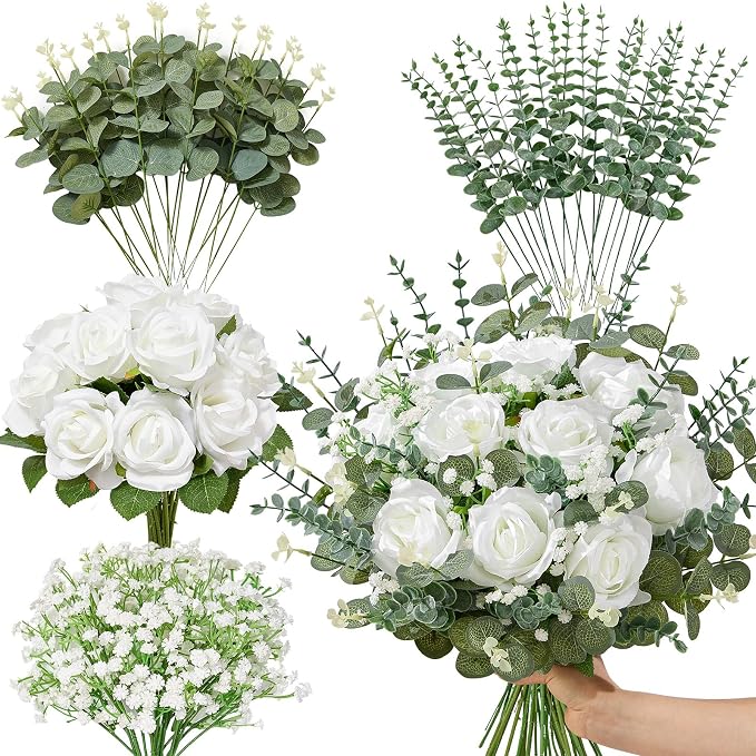 Serwalin 60 Pcs Mixed Eucalyptus Greenery Stems, White Silk Roses and Babys Breath Artificial Flowers for DIY Wedding Bouquets Home Party Arrangement Floral Vase Decor