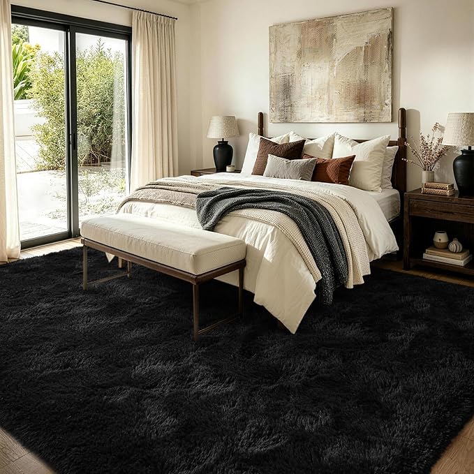 FinRèc 8x10 Feet Black Rugs for Living Room Bedroom, Fluffy Shaggy Area Rug, Non-Slip Soft Shag Rug for Nursery Kids Room Dorm Room Home Decor, Indoor Plush Floor Carpet