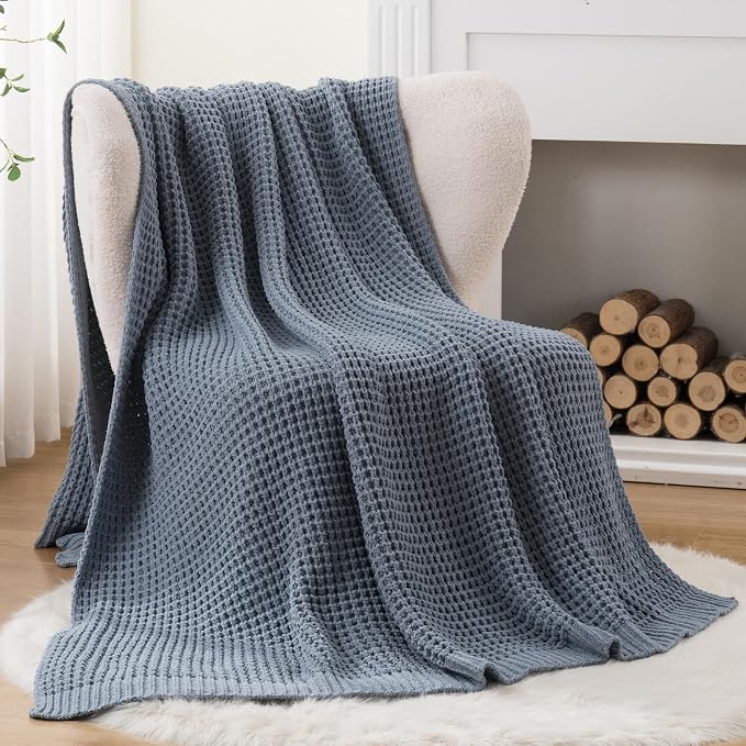 Bunnikins & Clover Blue Grey Throw Blanket for Couch, Thick Warm Soft Cozy Knitted Chenille Throw Blanket for Sofa, Bed, Living Room, 50"x60"