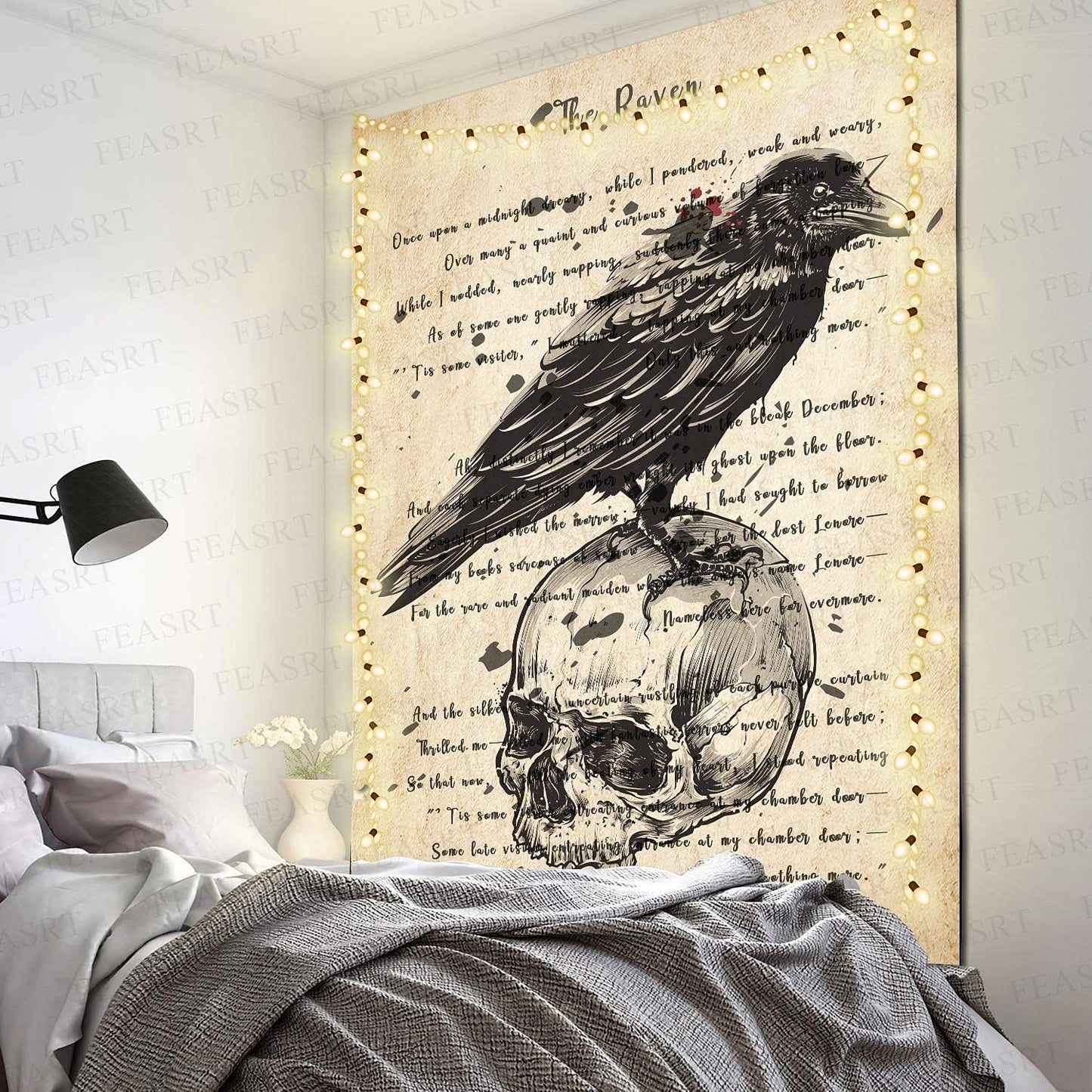 The Raven Tapestry Edgar Allan Poe Poem Tapestry Gothic Skull Dictionary Tapestries Wall Hanging Background 60x80 Inches Living Room Bedroom Home Dorm GTQQAY1544