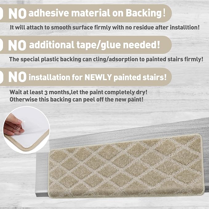 PURE ERA Bullnose Carpet Stair Treads Tape Free Non-Slip Indoor Stair Protectors Pet Friendly Stair Treads for Wooden Steps 9.5" x 30"(7 Pieces, Cream Gray Diamond Trellis)