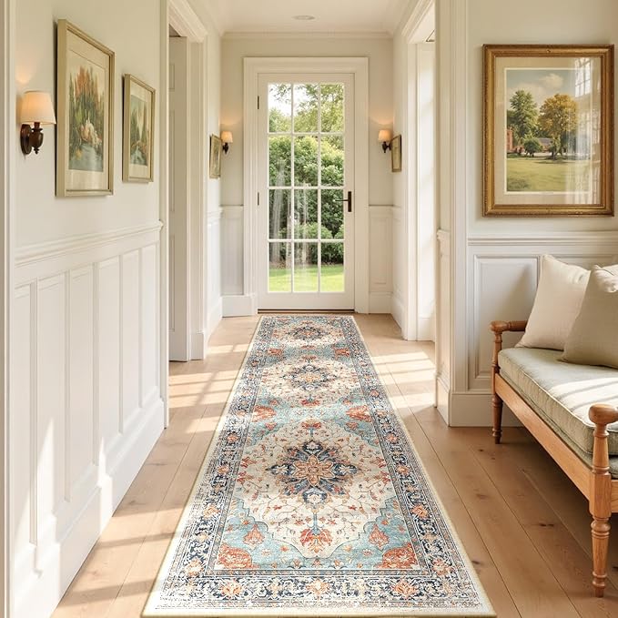 RELEANY Area Rugs 2'x7' Runner Rug Non Slip Washable for Kitchen Hallway Bedroom Beside Laundry Room Bathroom Rug, Floor Carpet, Beige Navy Blue Orange Colorful