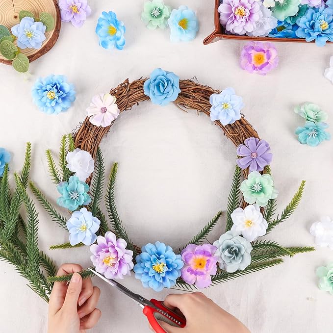ATTGREAT 210 Pcs Mini Silk Flower Heads Small Fake Rose Daisy Faux Flowers Bulk for Crafts Artificial Loose Fabric Flowers Heads Sunflower Bulk for Wedding Hair Cap Dresses Decorations (Blue)