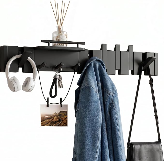 Mid Century Modern Walnut Foldable Entryway Wall Coat Hanger Hook with Shelf,Heavy Duty Wooden Piano Hidden Towel Hooks for Bathroom,Wall Rack for Purse&Key&Mail,Home Decor (Black, 9 Hooks)