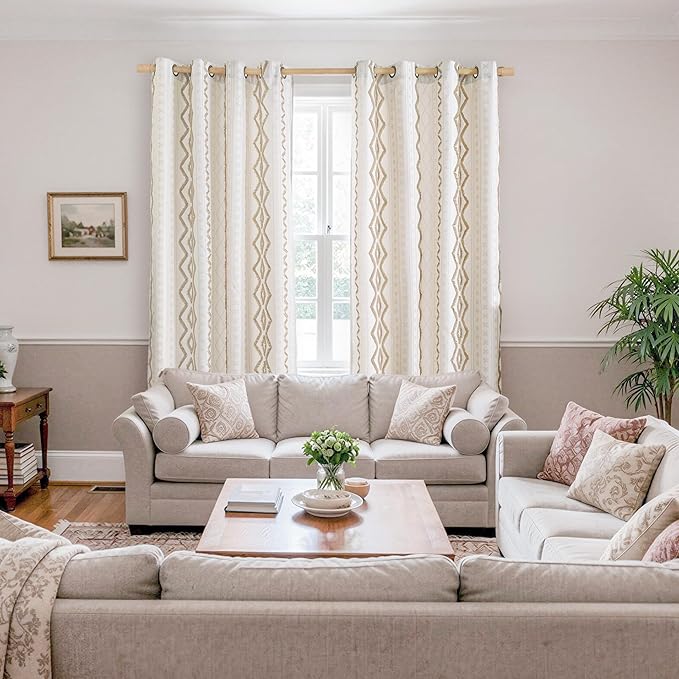 BGment Extra Long Boho Curtains for Living Room 102 Inch Length, Botanical Jacquard Pattern Drapes with Grommet Natural for Bedroom Light Filtering, Linen Color, 2 Panels Set, 52 X 102 Inch