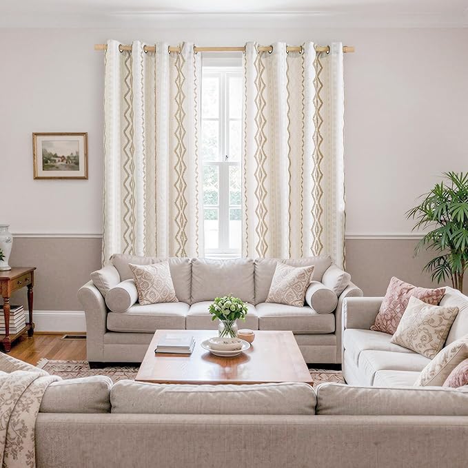 BGment Jacquard Boho Linen Curtains with Tufted Pom Stripe Geometric, Farmhouse Pattern Drapes Grommet for Bedroom Living Room Light Filtering, 2 Panels Set, 52 X 98 Inch